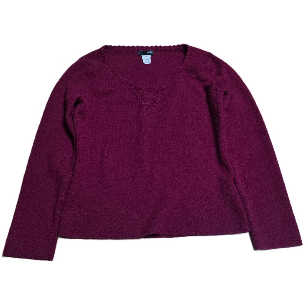 Vintage J. Crew‎ Merino Wool V Neck Sweater Women's Size M Burgundy Lace Trim
